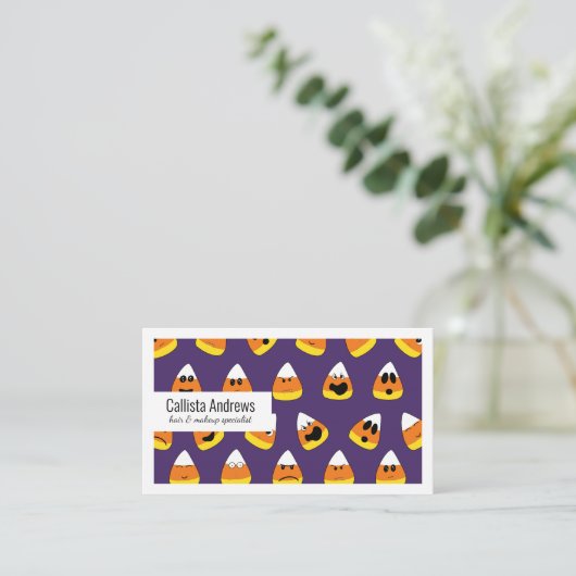 Cute Oranje Paars Halloween Emoji Candy Corn Visitekaartje (Staand voorkant)