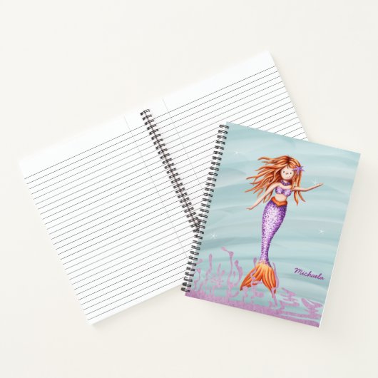 Cute Oranje Paarse Mermaid Illustration Notitieboek (Binnen)