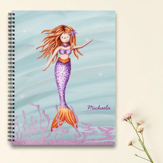 Cute Oranje Paarse Mermaid Illustration Notitieboek