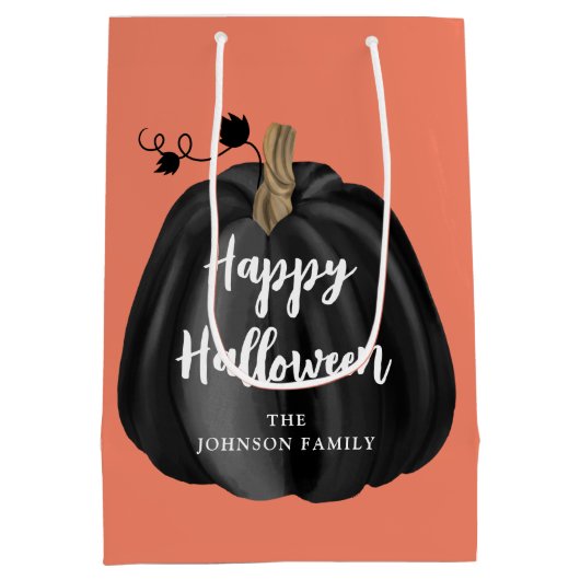 Cute Oranje Script Pumpkin Happy Halloween Medium Cadeauzakje (Achterkant)