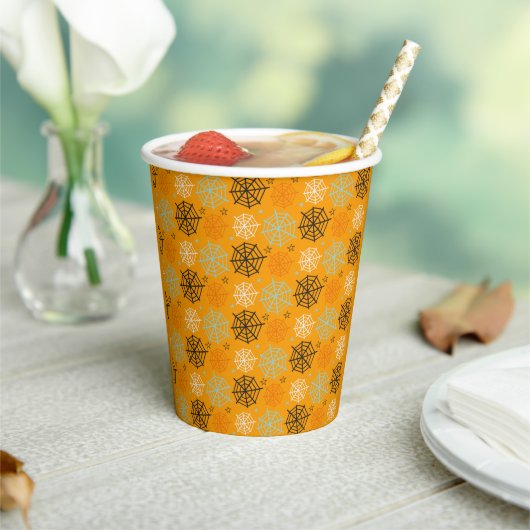 Cute oranje Spider web gepatterd Papieren Bekers (Insitu)