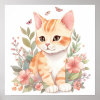 Cute Oranje Tabby Kat met Flowers Waterverf