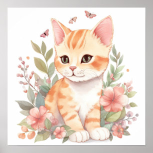 Cute Oranje Tabby Kat met Flowers Waterverf Poster