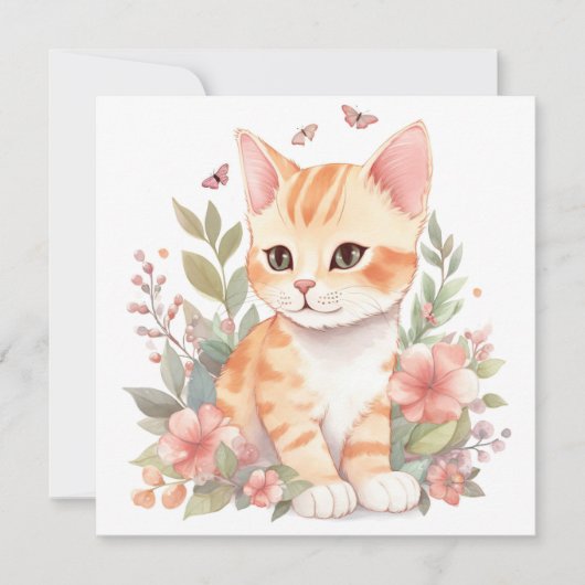 Cute Oranje Tabby Kitten met Flowers Waterverf (Voorkant)