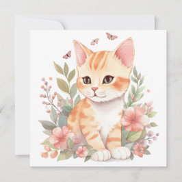 Cute Oranje Tabby Kitten met Flowers Waterverf