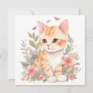 Cute Oranje Tabby Kitten met Flowers Waterverf