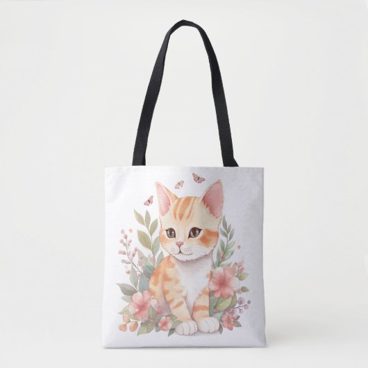 Cute Oranje Tabby Kitten met Flowers Waterverf Tote Bag (Voorkant)