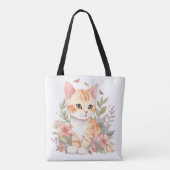 Cute Oranje Tabby Kitten met Flowers Waterverf Tote Bag (Achterkant)