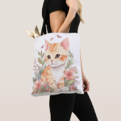 Cute Oranje Tabby Kitten met Flowers Waterverf Tote Bag (Dichtbij)