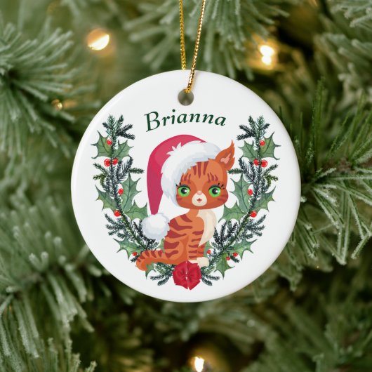 Cute Oranje Tabby Kitten met kerstmis Keramisch Ornament (Boom)