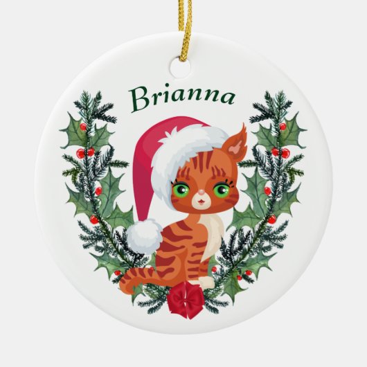Cute Oranje Tabby Kitten met kerstmis Keramisch Ornament (Voorkant)
