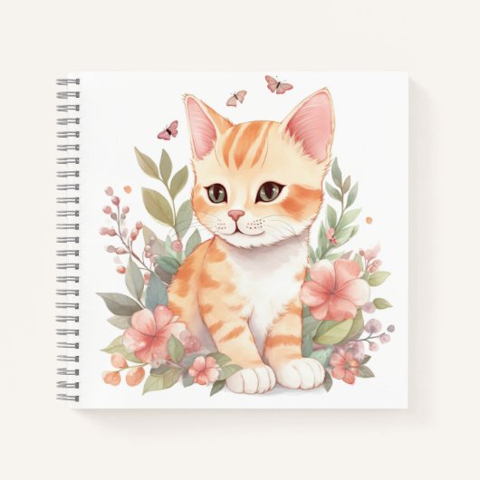 Cute Oranje Tabby Kitten met Spring Flowers Notitieboek (Voorkant)