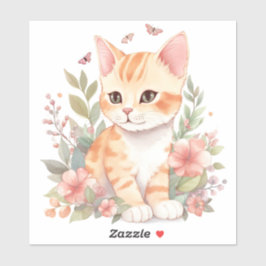 Cute Oranje Tabby Kitten met Spring Flowers Sticker