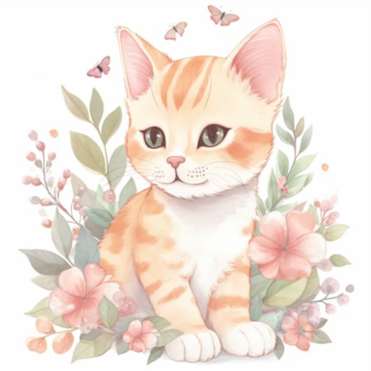 Cute Oranje Tabby Kitten met Spring Flowers Sticker (Voorkant)