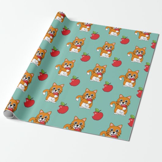 Cute Oranje White Cat Eating Red Apple Cartoon Cadeaupapier (Uitgerold)