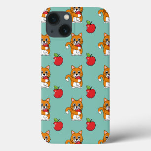 Cute Oranje White Cat Eating Red Apple Cartoon Case-Mate iPhone Case