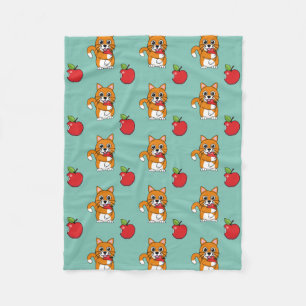Cute Oranje White Cat Eating Red Apple Cartoon Fleece Deken