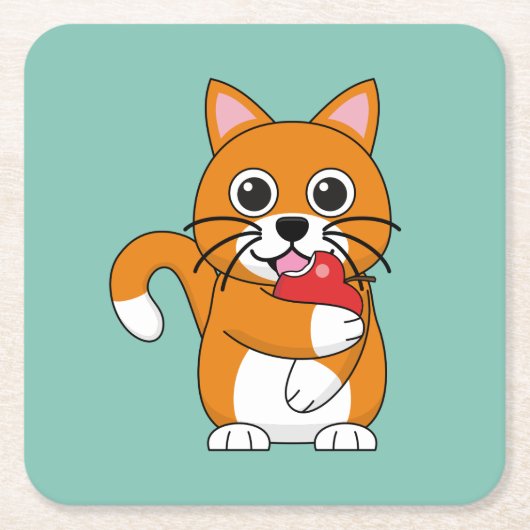 Cute Oranje White Cat Eating Red Apple Cartoon Kartonnen Onderzetters (Voorkant)