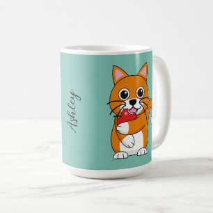Cute Oranje White Cat Eating Red Apple Cartoon Koffiemok