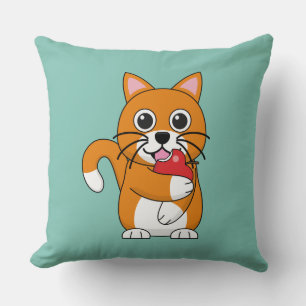 Cute Oranje White Cat Eating Red Apple Cartoon Kussen