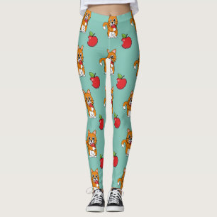 Cute Oranje White Cat Eating Red Apple Cartoon Leggings
