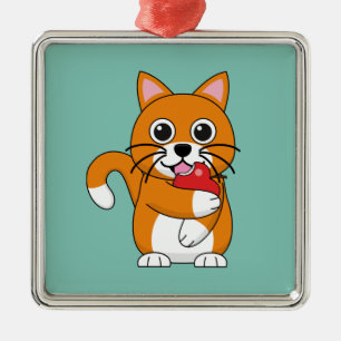 Cute Oranje White Cat Eating Red Apple Cartoon Metalen Ornament