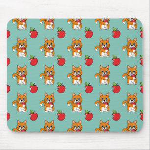 Cute Oranje White Cat Eating Red Apple Cartoon Muismat