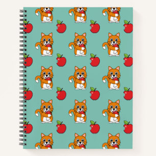 Cute Oranje White Cat Eating Red Apple Cartoon Notitieboek