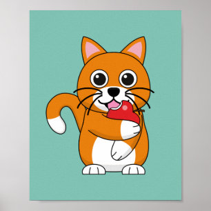 Cute Oranje White Cat Eating Red Apple Cartoon Poster