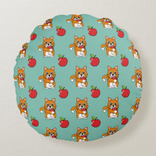 Cute Oranje White Cat Eating Red Apple Cartoon Rond Kussen