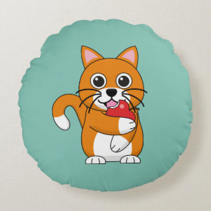 Cute Oranje White Cat Eating Red Apple Cartoon Rond Kussen
