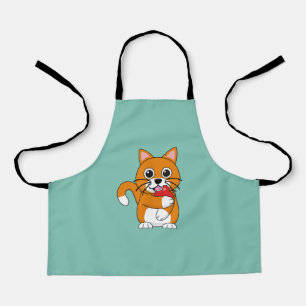 Cute Oranje White Cat Eating Red Apple Cartoon Schort
