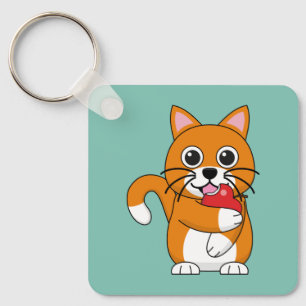 Cute Oranje White Cat Eating Red Apple Cartoon Sleutelhanger