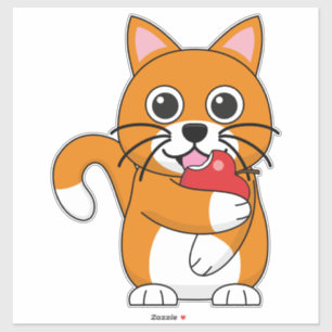 Cute Oranje White Cat Eating Red Apple Cartoon Sticker
