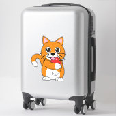 Cute Oranje White Cat Eating Red Apple Cartoon Sticker (Koffer)