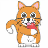 Cute Oranje White Cat Eating Red Apple Cartoon Sticker (Voorkant)