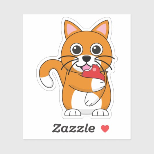 Cute Oranje White Cat Eating Red Apple Cartoon Sticker (Vel)