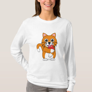 Cute Oranje White Cat Eating Red Apple Cartoon T-shirt