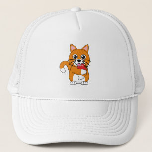 Cute Oranje White Cat Eating Red Apple Cartoon Trucker Pet