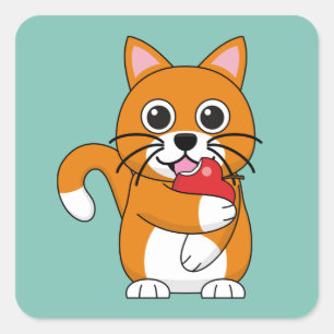 Cute Oranje White Cat Eating Red Apple Cartoon Vierkante Sticker