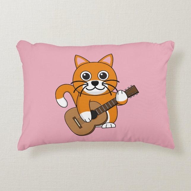 Cute Oranje White Cat Plays Guitar Cartoon Accent Kussen (Voorkant)