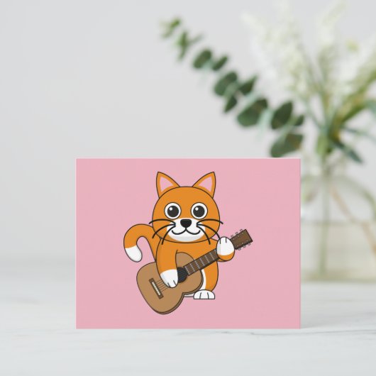 Cute Oranje White Cat Plays Guitar Cartoon Feestdagenkaart (Staand voorkant)