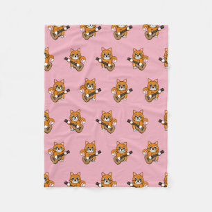 Cute Oranje White Cat Plays Guitar Cartoon Fleece Deken