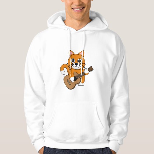 Cute Oranje White Cat Plays Guitar Cartoon Hoodie (Voorkant)