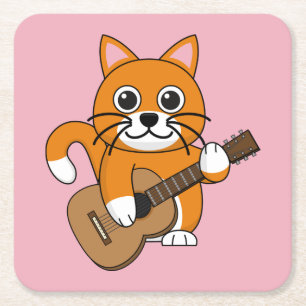 Cute Oranje White Cat Plays Guitar Cartoon Kartonnen Onderzetters