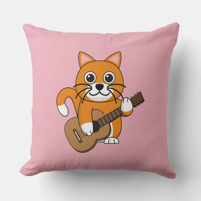 Cute Oranje White Cat Plays Guitar Cartoon Kussen (Voorkant)