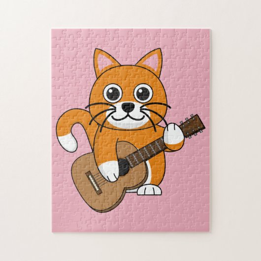 Cute Oranje White Cat Plays Guitar Cartoon Legpuzzel (Verticaal)