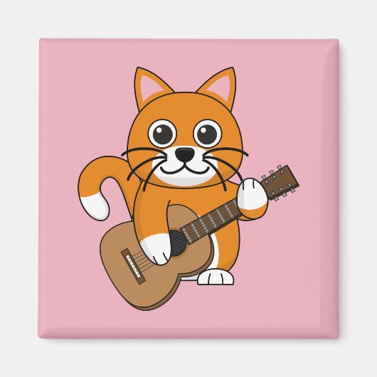 Cute Oranje White Cat Plays Guitar Cartoon Magneet (Voorkant)