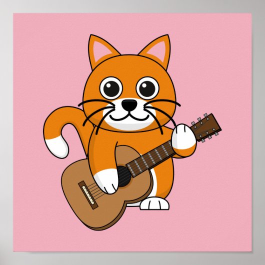 Cute Oranje White Cat Plays Guitar Cartoon Poster (Voorkant)