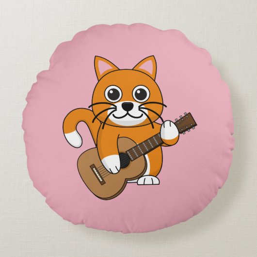 Cute Oranje White Cat Plays Guitar Cartoon Rond Kussen (Voorkant)